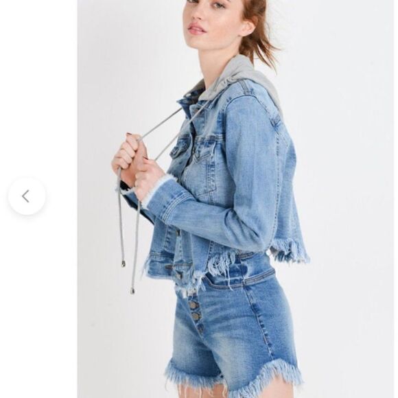 Denim Hooded Raw Cut Frayed Thrashed Destroyed Cropped Jacket Washed Blue Jeans - Picture 2 of 4